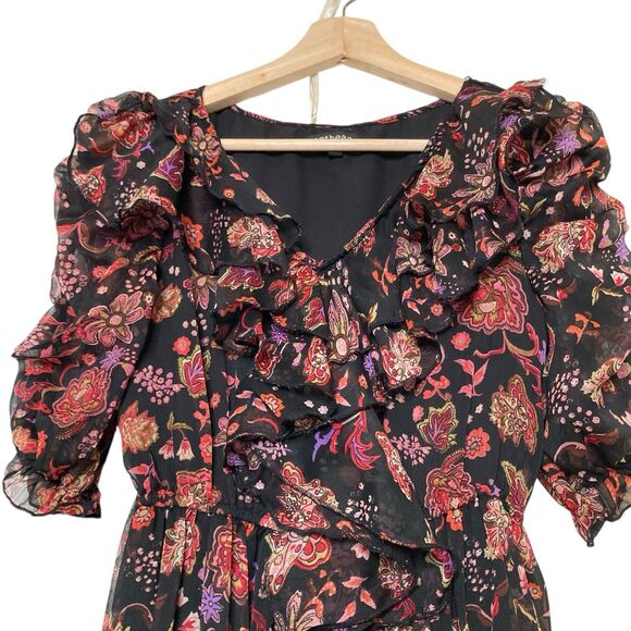 Antheaa Womens Medium Floral Midi Dress Ruffle Sleeve Tiered Pleated Puff Sleeve - Picture 8 of 13